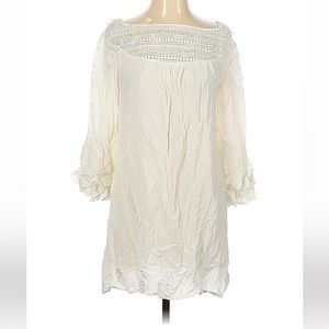 Chloah white crochet yoke top mini dress, 3/4 sleeve, boat neck, S